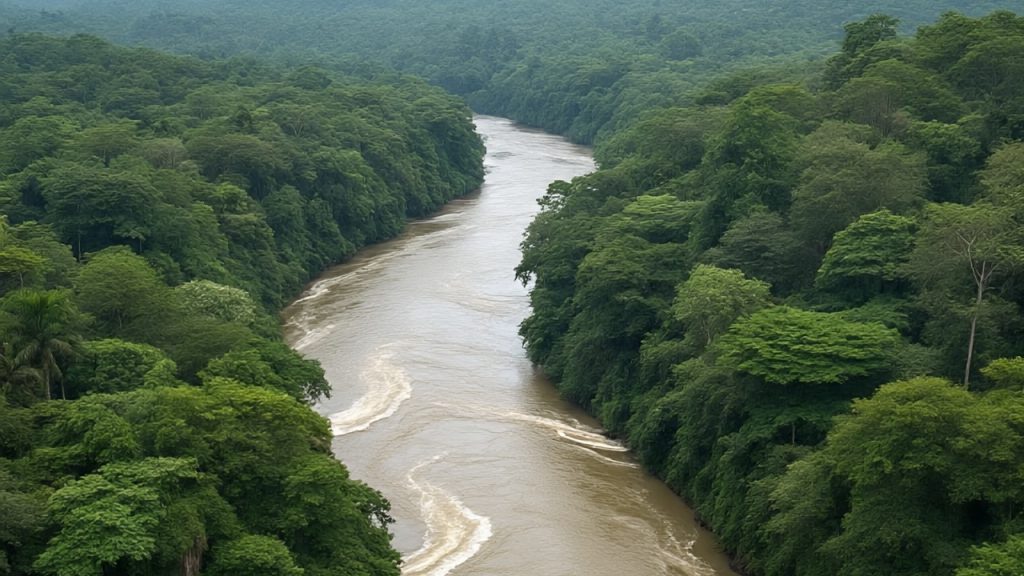 The Amazon River meandering through thick rainforest in Brazil