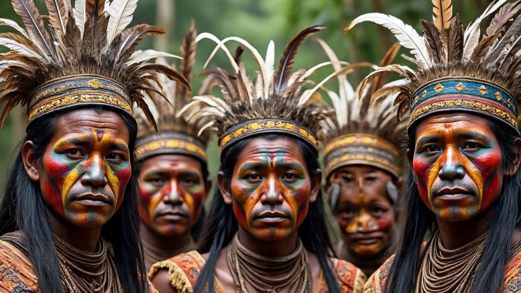 Indigenous Amazonian man with traditional face paint and feather headdress,Amazon Rainforest ko barema Nepali ma