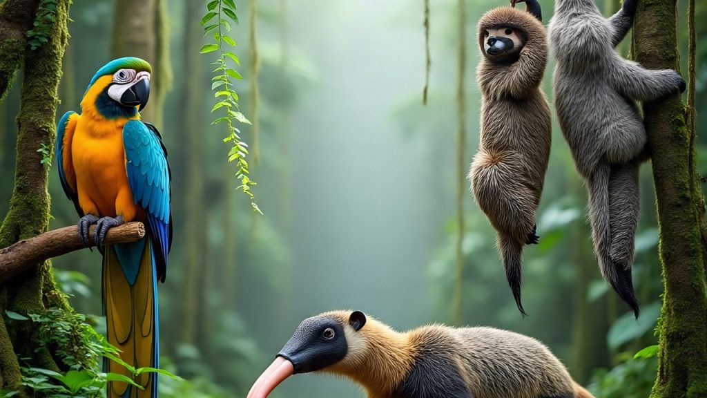 A colorful toucan sitting on a tree branch in the Amazon jungle