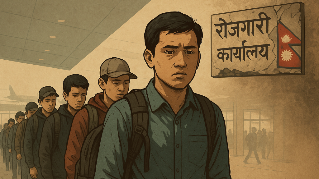 नेपालमा रोजगारीको संकट का कारण देश छोडेर जान लागेका नेपाली युवाहरूको चित्रण