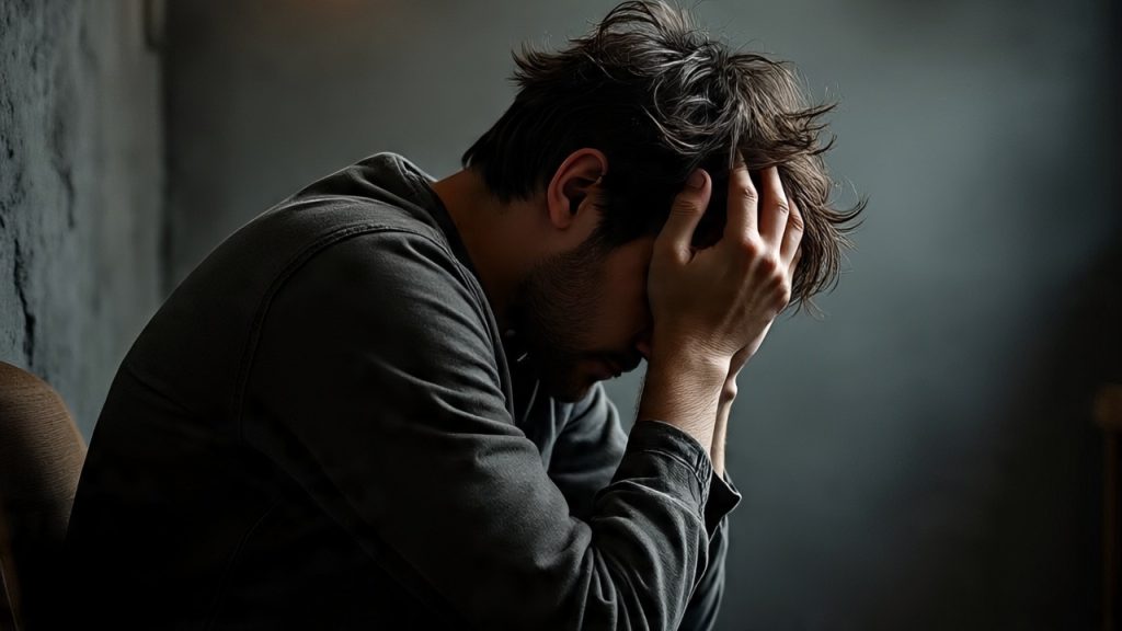 निन्द्रा धेरै लाग्नु को कारण A sad or stressed person sitting alone with head down, showing signs of depression and mental fatigue