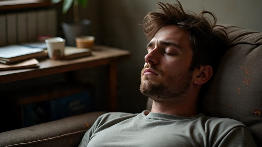 A tired man sleeping during the day – Oversleeping problem