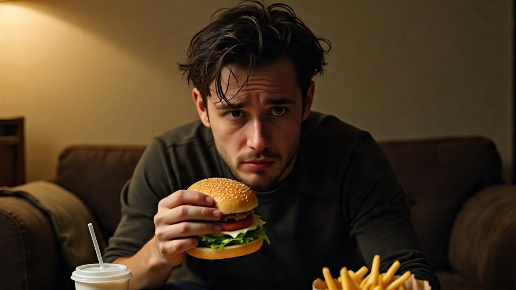 Causes of excessive sleepiness A person eating fast food like burger, fries and sugary drinks – representing unhealthy diet problems