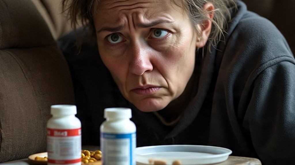 A tired person with unhealthy food and supplement bottles nearby – showing symptoms of vitamin and mineral deficiency